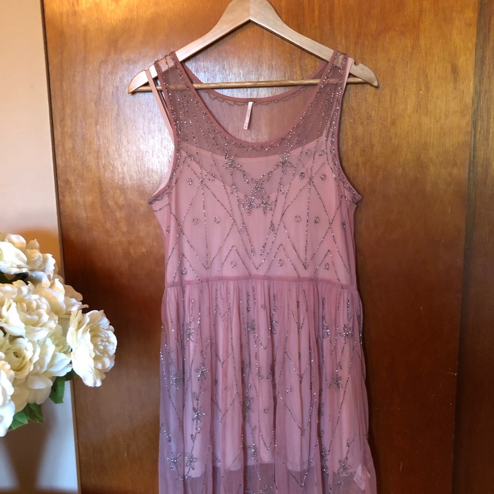 Free People Dusty Pink Beaded Dress -1920 vibes